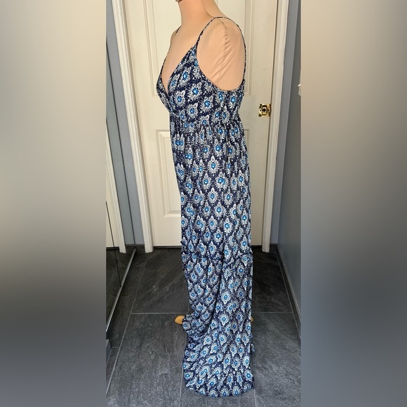 GOA Collection Paris Blue Geometric Floral Tiered Boho Maxi Dress - Picture 6 of 9